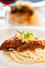 Spaghetti with beef and tomato sauce