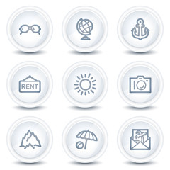 Travel web icons set 5, white glossy circle buttons