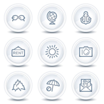 Travel web icons set 5, white glossy circle buttons