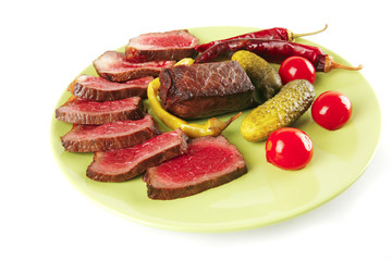 red beef slices on green dish