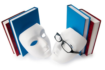 Reading concept with masks, books and  glasses
