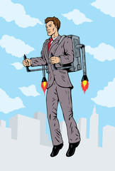 Naklejka premium Businessman flying with a rocket pack