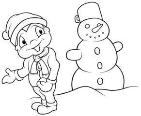 Boy and Snowman - Black and White Cartoon illustration