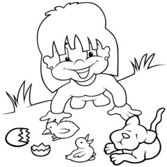 Girl and Young Animals - Black and White Cartoon illustration