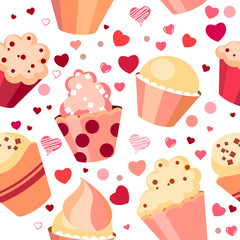 Seamless pattern with chocolates and red hearts