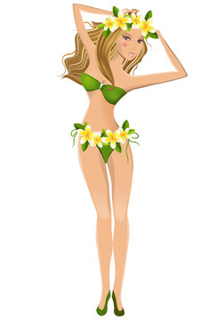 Young girl in bikini with floral Hawaiian wreath