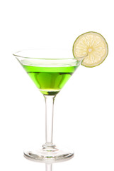 Green matrini cocktail with lime wheel