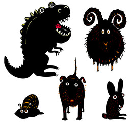 Bélier, chien, escargot, dinosaure et lapin