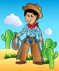Deurstickers Wilde Westen Cartoon cowboy in woestijn