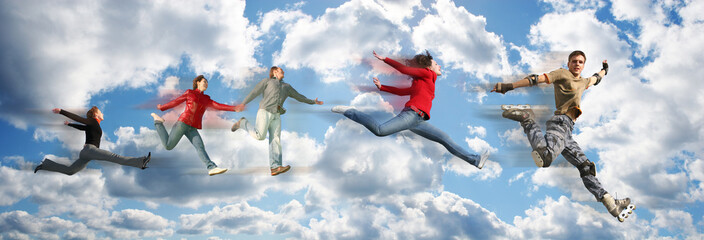 flying people on sky cloud panorama collage