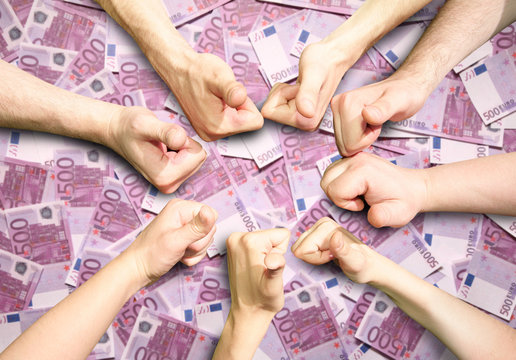 Hands with fingers lifted upwards gesture OK on 500 euro money