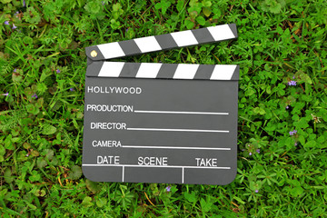 Cinema clapper board on grass among flowering flowers