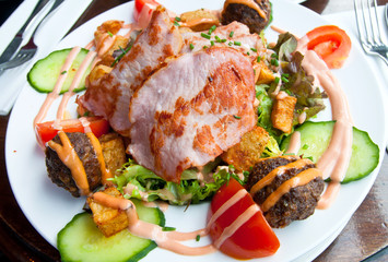 meatball, bacon and potatoes