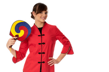 woman in Chinese dress on fashion week in Paris