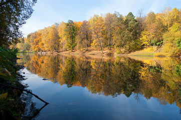 Idyllic  park area near blue lake