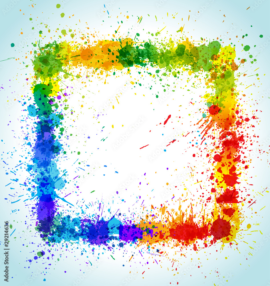 Poster color paint splashes square background. gradient vector frame