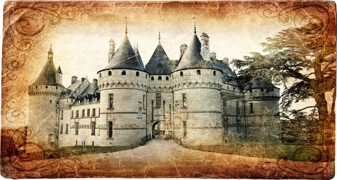medieval Chaumont castle - picture in retro style