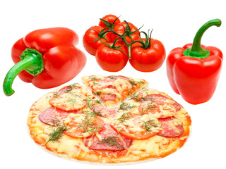 pizza, tomato and  red paprika  isolated on white background