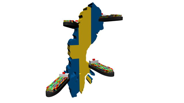 Sweden map flag with container ships departing animation