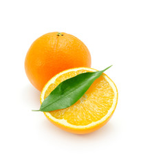 Juicy Oranges with Green Leaf Isolated on White Background