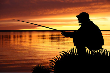 Fisherman sitting with fishing tackle at sunrise