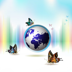 Springtime background with butterflies around the Earth