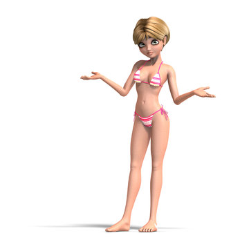 cute and funny cartoon girl wearing a two piece bikini. 3D