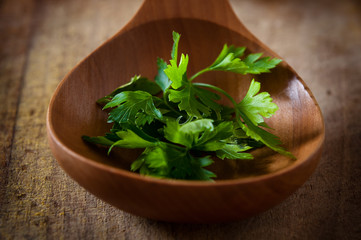 Parsley on wooden spoon