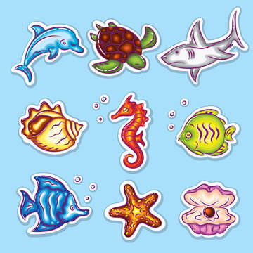 Colorful Vector Stickers Set of Sea Fauna