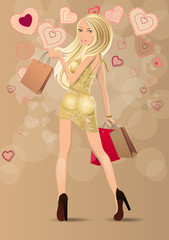 Beautiful blond carrying bags with stylized contour hearts