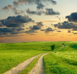 Fototapeta na wymiar Letni krajobraz z zielona trawa, drogowego i nieba dramatyczny