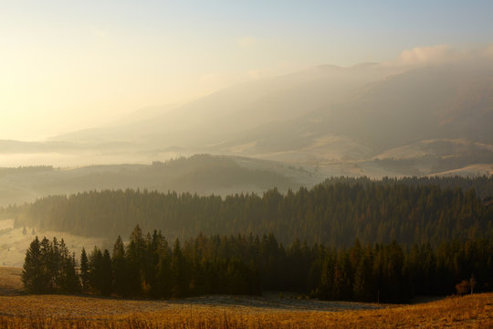 Beautiful foggy sunrise in the mountains © silver-john