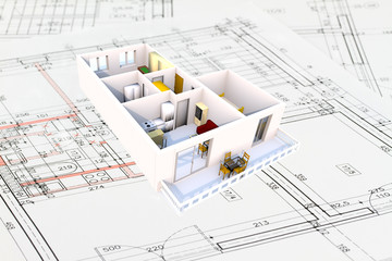 Apartment architecture plans with 3D building structure