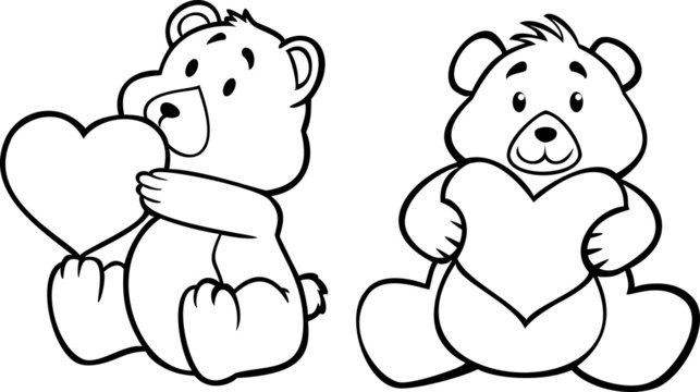 teddy bear hugging heart, black and white version