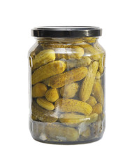 Glass jar with pickled cucumbers