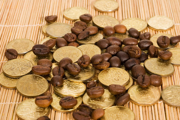 coins and coffee beans