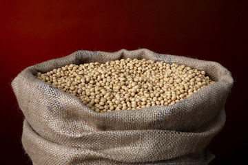 Burlap bag filled with soy beans