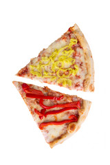 Two Slices of Pizza with Yellow and Red Peppers