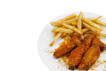 Hot Chicken Wings and Fries Isolated on White