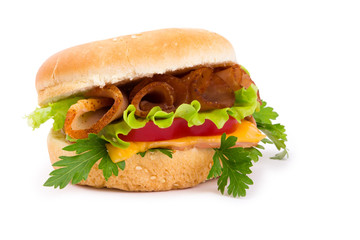 Sandwich with a ham, paprika and cheese isolated on a white