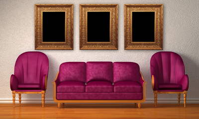 Two luxurious chairs with purple couch and picture frames