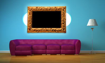 Purple sofa with oval bookshelf, standard lamp and frame