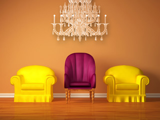 chairs with chair with glass chandelier in orange interior