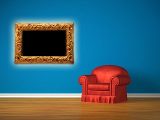The red chair with picture frame in minimalist interior