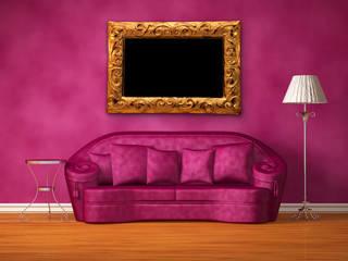 Purple couch with table, standard lamp and picture frame