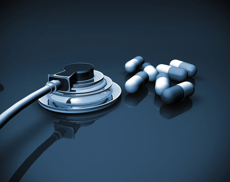 fondo de medicina con estetoscopio y pildoras