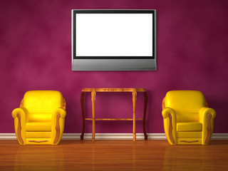 Two chairs with wooden table and lcd tv in purple interior