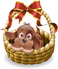 Cane Cucciolo in Cestino-Puppy Dog in Basket-Vector - obrazy, fototapety, plakaty