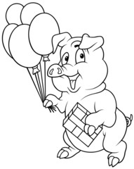 Standing Piglet and Balloons - Black and White illustration
