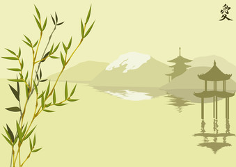 vector japanese illustration with bamboo, mountains and pagoda